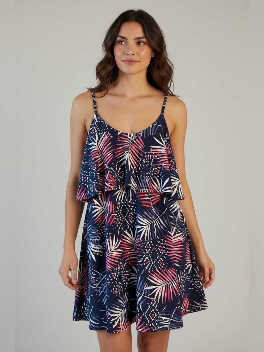 Express Navy Tropical Mini Dress with Red & White Leaf Print